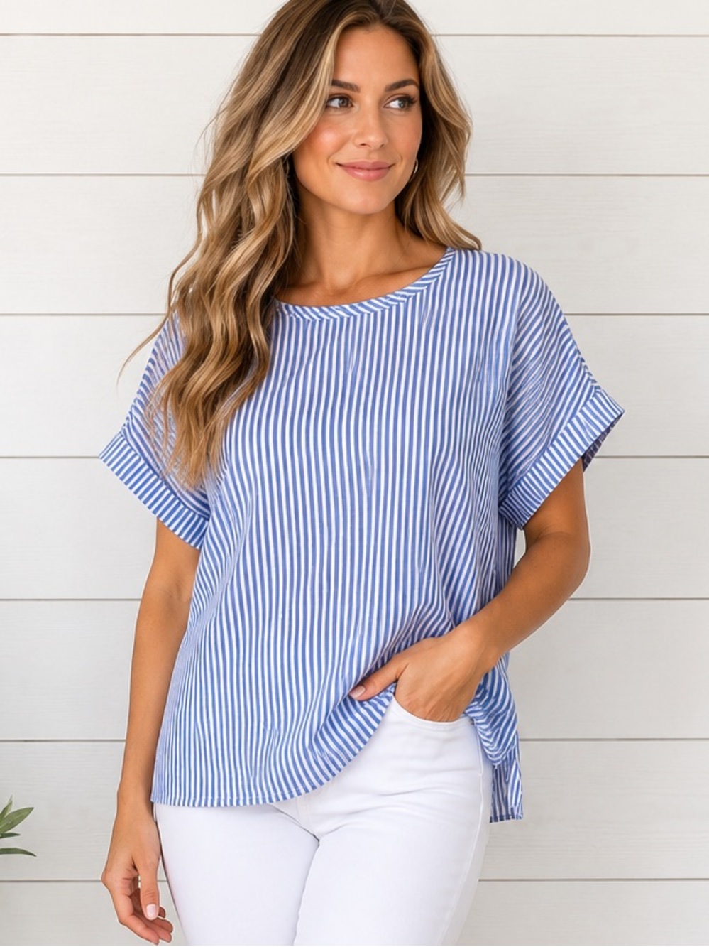 💙 SHEIN Blue White Pinstripe Short Sleeve Blouse Top Size XL